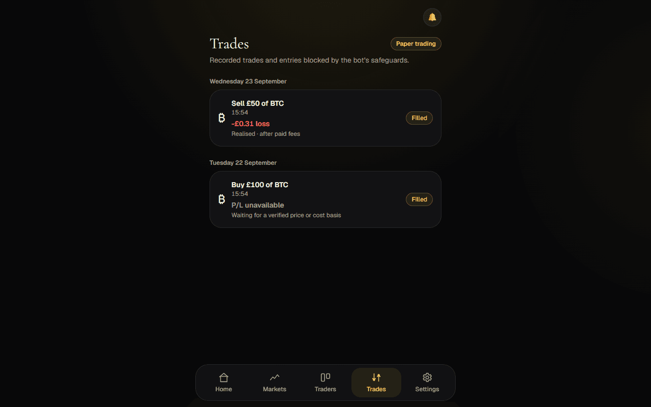 JevTrader decision log showing simulated Bitcoin trades and their outcomes
